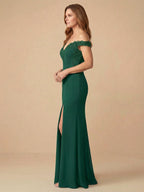 Vestido largo de madre de la novia trompeta/sirena con escote off-shoulder