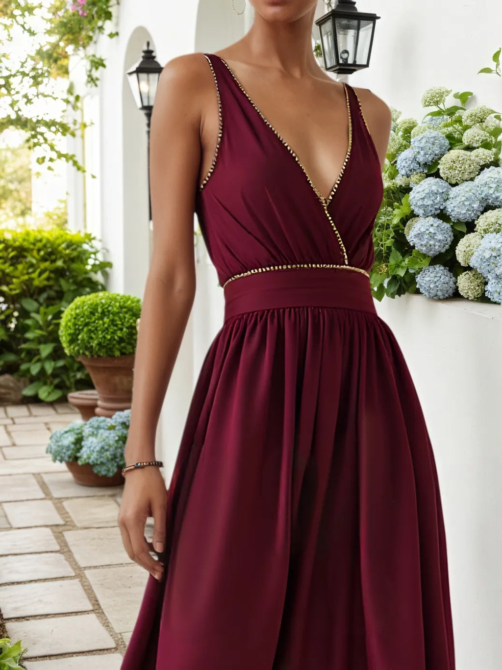 Abito lungo classico rosso vino A-line senza maniche con scollo a V e strass