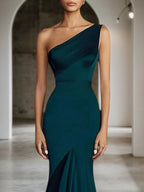 Formal Evening Dress Deep Green One-Shoulder Mermaid Maxi Gown