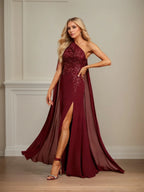 Vestido de Mãe da Noiva em Chiffon, Modelo Tubinho/Coluna, Ombro Único, Comprimento Longo com Apliques