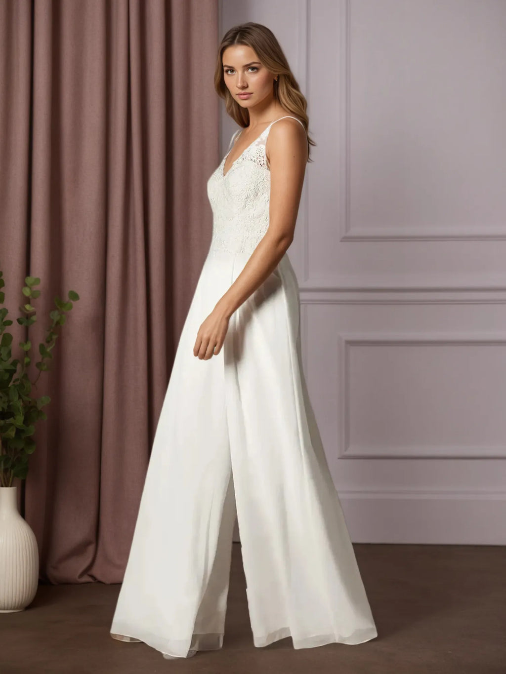 Vestido de novia blanco de encaje y gasa, con escote en V y pantalones