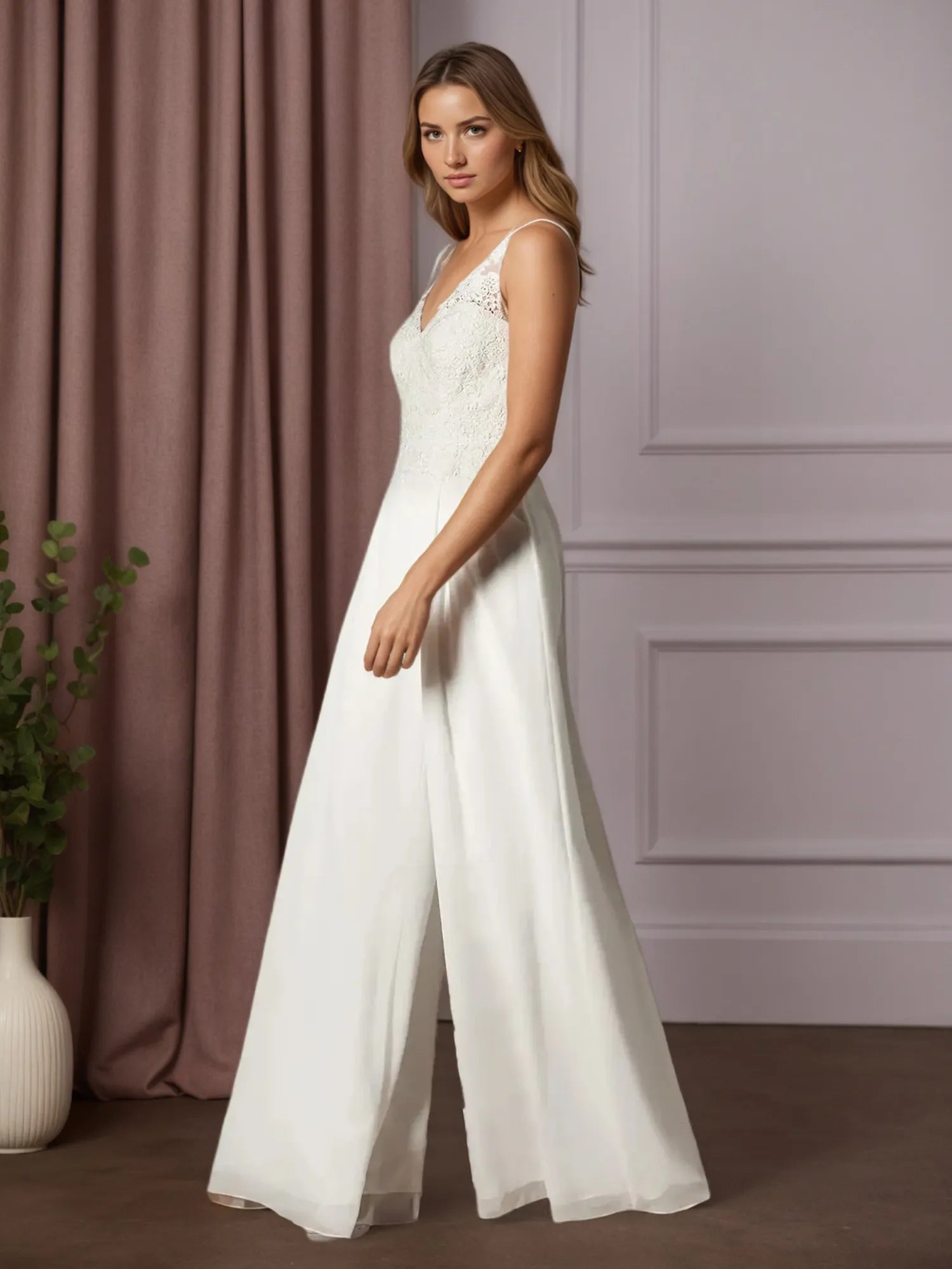 Vestido de novia blanco de encaje y gasa, con escote en V y pantalones