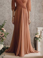 Elegant Evening Dress Cross Neck Puff Sleeve Draped Pleated Maxi Dress