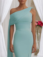 Formal Evening Dress Light Blue One Shoulder Draped Slit Floor Dress