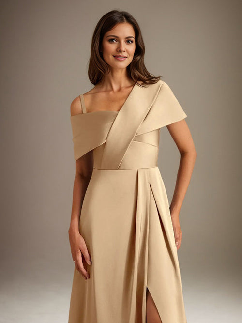 A-Linien asymmetrischer Ausschnitt bodenlanges Satin-Brautkleid für die Brautmutter mit Falten