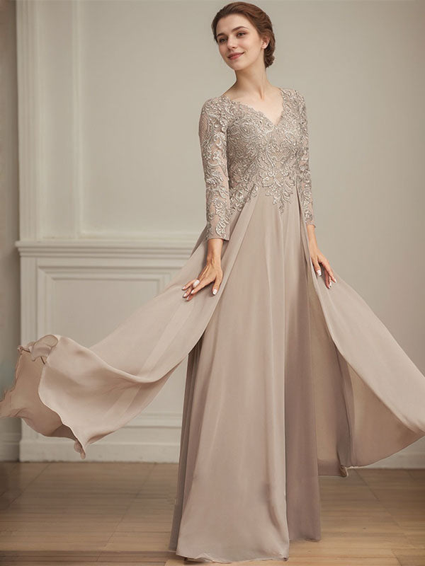 Vestido para madre de la novia línea A con escote en V, largo hasta el suelo, de encaje y gasa con lentejuelas