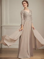 Vestido para madre de la novia línea A con escote en V, largo hasta el suelo, de encaje y gasa con lentejuelas