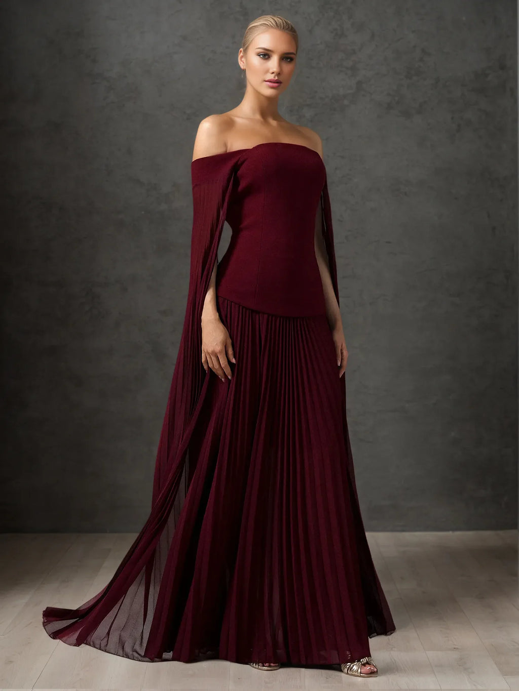 Off-Shoulder Cape Sleeve Pleated Maxi Gown Formal Evening Dress