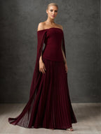Off-Shoulder Cape Sleeve Pleated Maxi Gown Formal Evening Dress