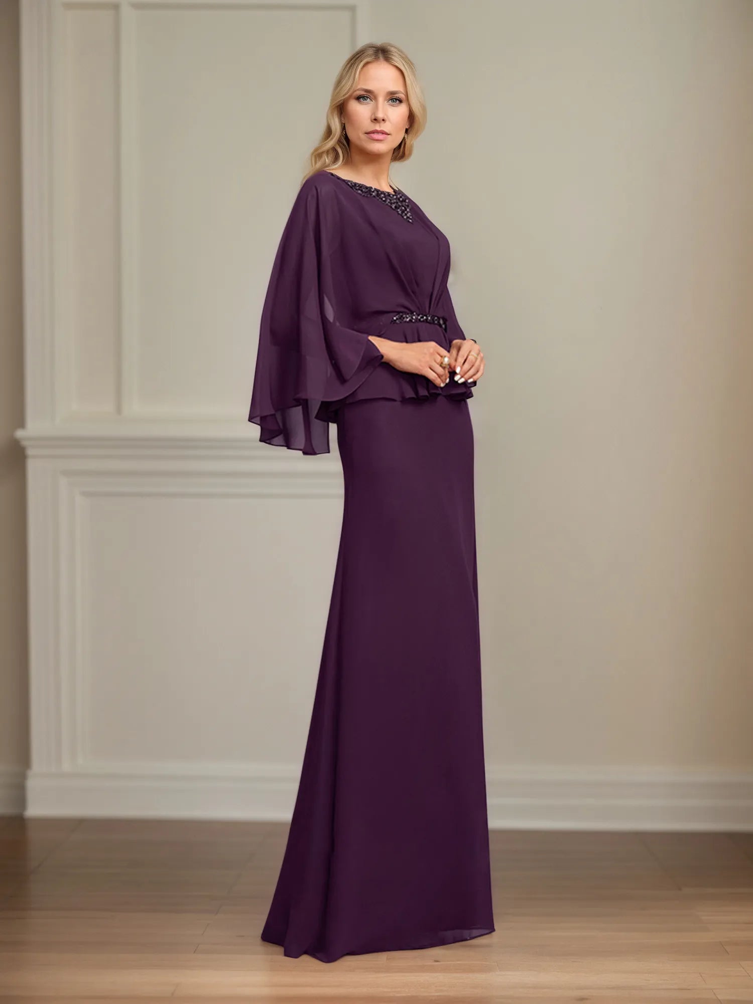 A-Linien U-Ausschnitt bodenlanges Chiffon-Mutter-der-Braut-Kleid mit plissierten Pailletten und Perlen
