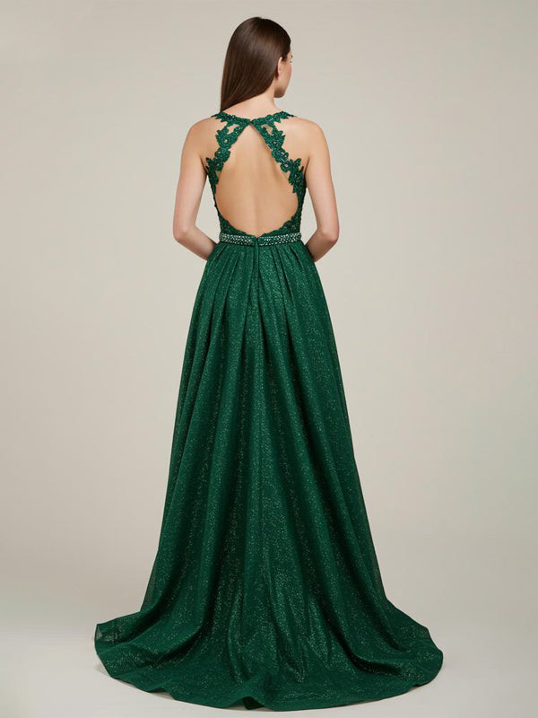 Vestido largo de fiesta verde línea A con escote corazón y apliques de encaje