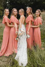 Abiti da damigella semplici in chiffon corallo, linea a trapezio e lunghezza lunga