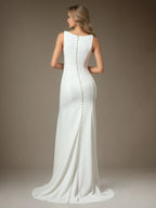White Champagne Mermaid Side Slit Tulle Wedding Dress