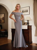 Schickes graues Satin-Brautmutterkleid mit Spitze