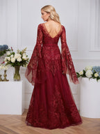 A-line Scoop Illusion Floor-Length Tulle Lace Evening Dress With Sequins