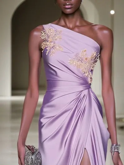 Robe violette classique ligne A à une épaule, sans manches, avec appliques et fronces