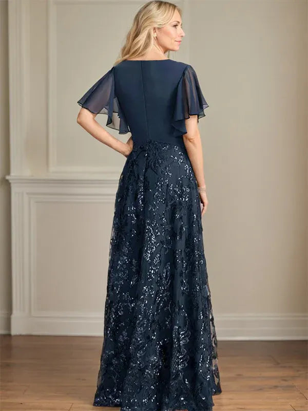 Vestido de madre de la novia en línea A con escote en V, largo hasta el suelo, encaje, lentejuelas y gasa plisada