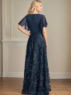 Vestido de madre de la novia en línea A con escote en V, largo hasta el suelo, encaje, lentejuelas y gasa plisada