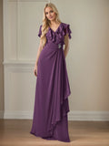 A Line Chiffon V Neck Ruffles Floor Length Mother of the Bride Dress