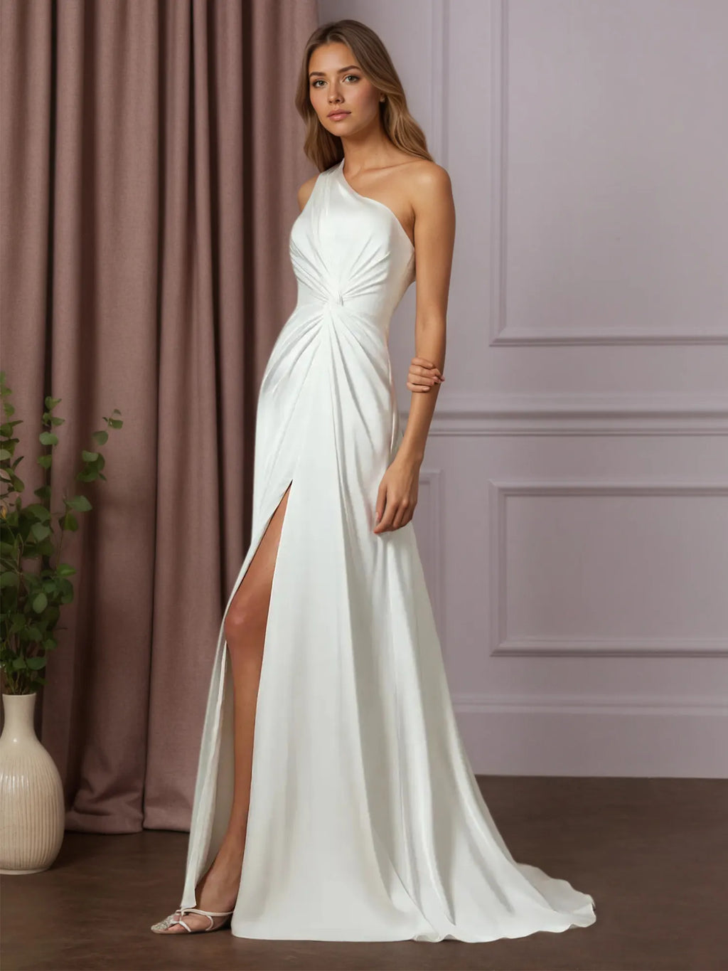 Robe de mariée blanche en satin stretch, coupe A, à une épaule