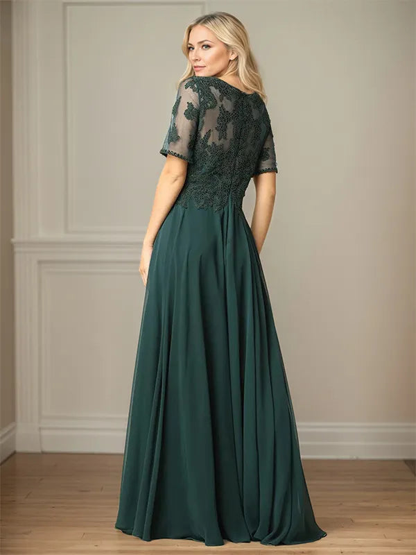 A Line Chiffon Scoop Neck Short Sleeves Floor Length Mother of the Bride Dresses