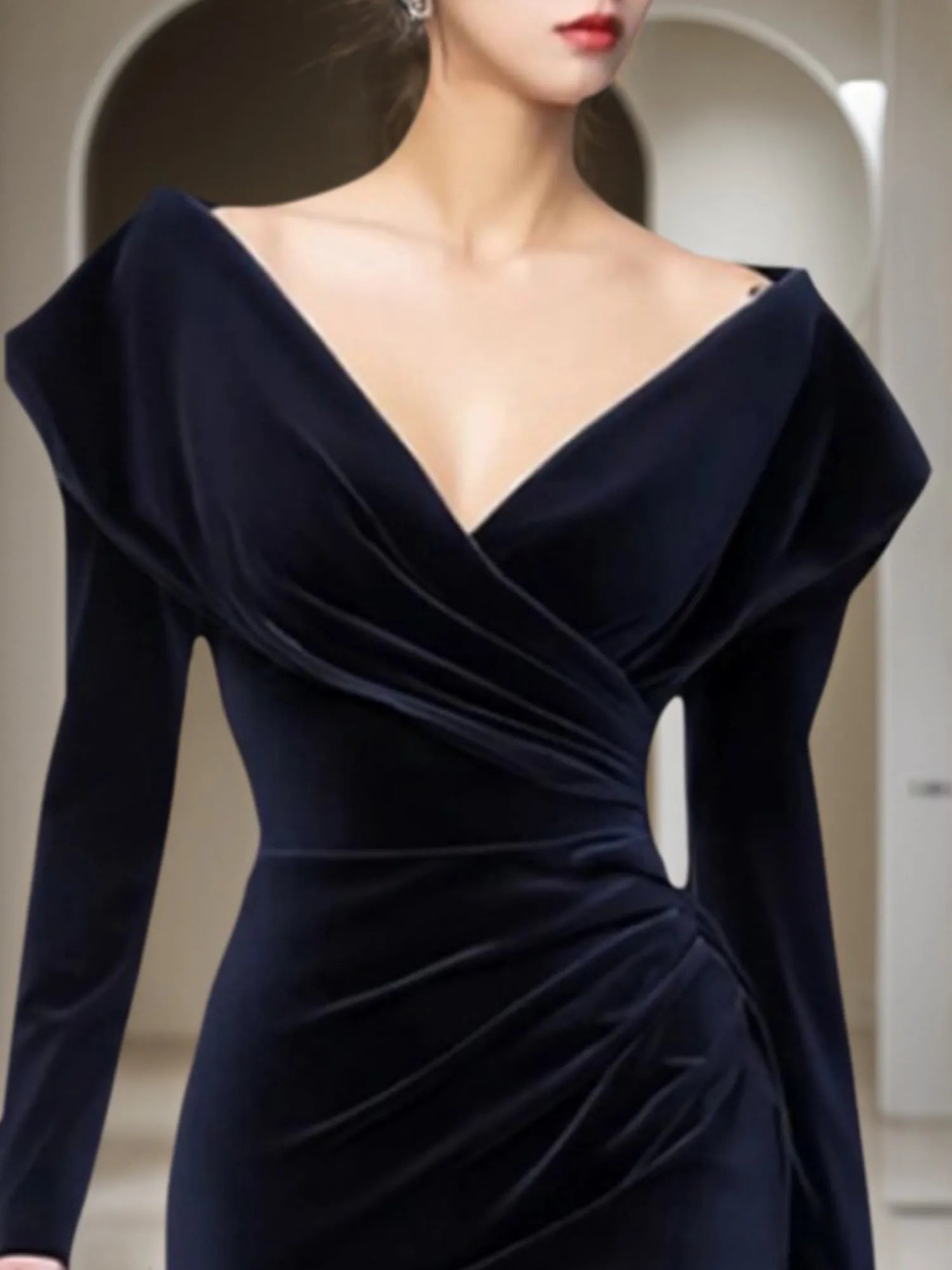 Vestido de cóctel para fiesta azul marino, escote en V, midi de terciopelo, para madre de la novia