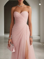 Pink Ruched Slit Tulle Strapless Sleeveless Sheath Gown Dress