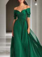 Formal Evening Gown Dark Green Off-The-Shoulder Chiffon Short Sleeve Maxi Dress