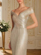 Evening Formal Dress Gold Sequin Off-The-Shoulder Maxi Gown