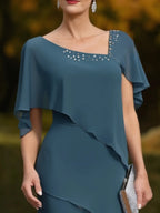 Vestido para madre de la novia azul asimétrico en capas hasta la rodilla