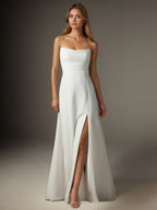 Weißes A-Linien trägerloses Chiffon Hochzeitskleid