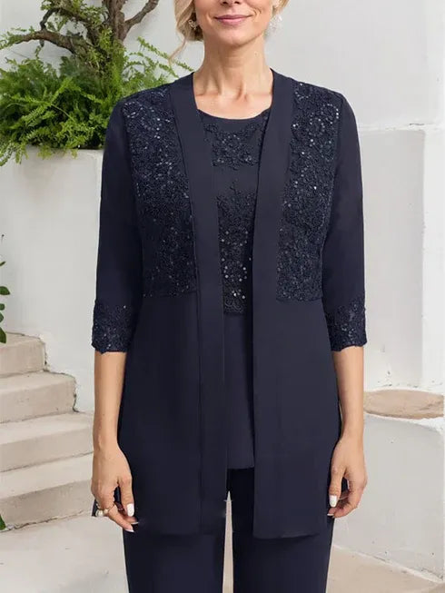 Conjunto de mono/pantalón con escote redondo, largo hasta el suelo, de gasa y encaje para madre de la novia con lentejuelas