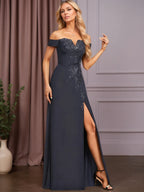 A-line Off the Shoulder Floor-Length Lace Chiffon Evening Dress With Sequins