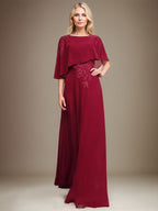 A-Linie Rundhals Bodenlanges Chiffon-Spitzenkleid für die Brautmutter mit Pailletten und Perlen