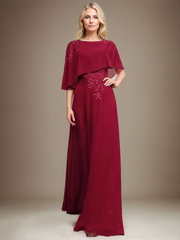 A-Linie Rundhals Bodenlanges Chiffon-Spitzenkleid für die Brautmutter mit Pailletten und Perlen