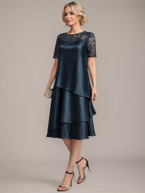 Robe mère de la mariée en ligne A, longueur genou, col rond avec appliques et sequins