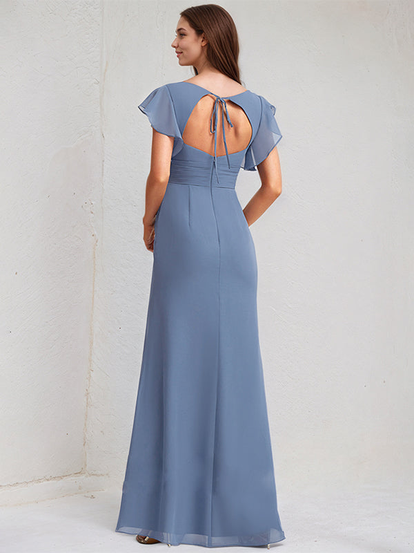 Abito da damigella lungo in chiffon blu ardesia a linea A con scollo a V e volant
