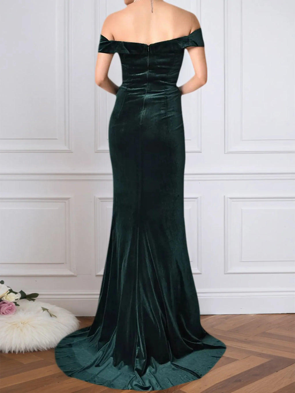 Trumpet/Mermaid schulterfreies bodenlanges Samt Abendkleid