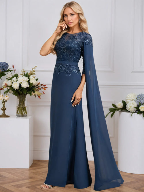Robe de soirée longue en mousseline trapèze à encolure dégagée avec appliques de sequins