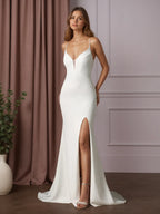 White Mermaid V-Neck Stretch Crepe Wedding Dress