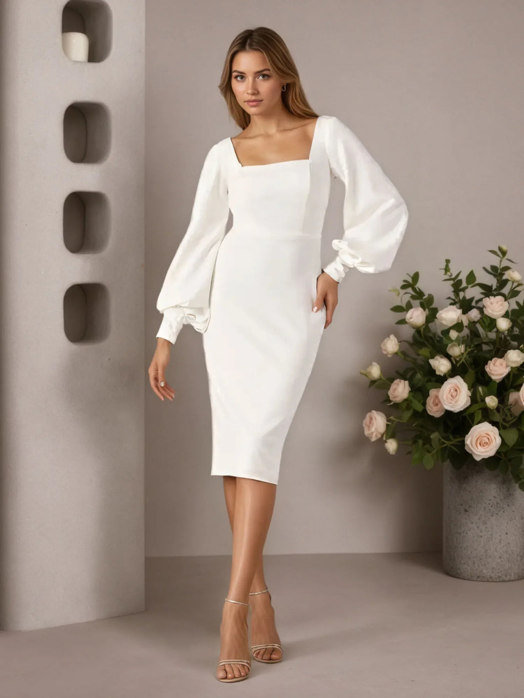 Robe de mariée blanche fourreau en crêpe stretch col carré