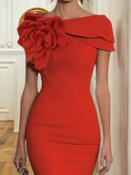Red 3D Floral Boat Neck Short Sleeve Sheath Midi Dress