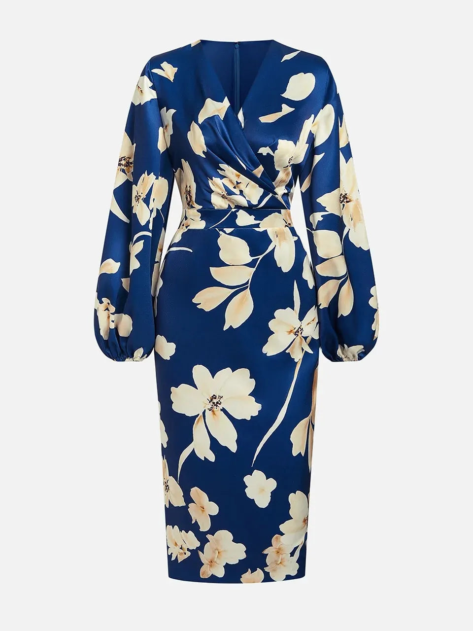 Vestido midi de satén azul floral con escote en V y mangas globo