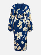 Vestido midi de satén azul floral con escote en V y mangas globo