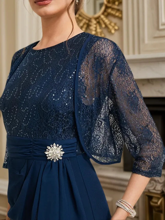 Completo due pezzi donna blu violaceo con abito in pizzo a maniche corte e scollo tondo con cappotto