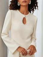 White Pearl Hollow Out Classic Crew Neck Long Sleeve Sheath/Column Mini Dress
