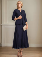 Vestido de mãe da noiva separado evasê, comprimento chá, de chiffon com decote redondo, paetês e bordados