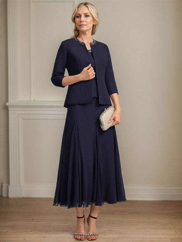 Vestido de mãe da noiva separado evasê, comprimento chá, de chiffon com decote redondo, paetês e bordados
