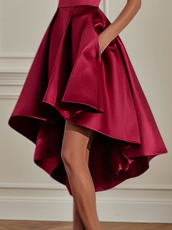 Party Cocktailkleid Weinrot Rundhals asymmetrische Länge Kleid