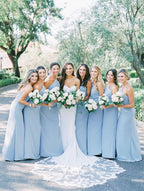 Vestidos Longos de Dama de Honra Charmosos em Chiffon Azul Céu, Linha A e Gola Halter